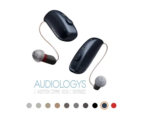 Deux appareils auditifs ReSound Vivia VI 960 S DRWC en suspension avec nuancier de couleurs disponibles.