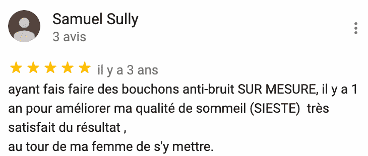 Avis sur une protection auditive sur-mesure pour dormir achetée par un client